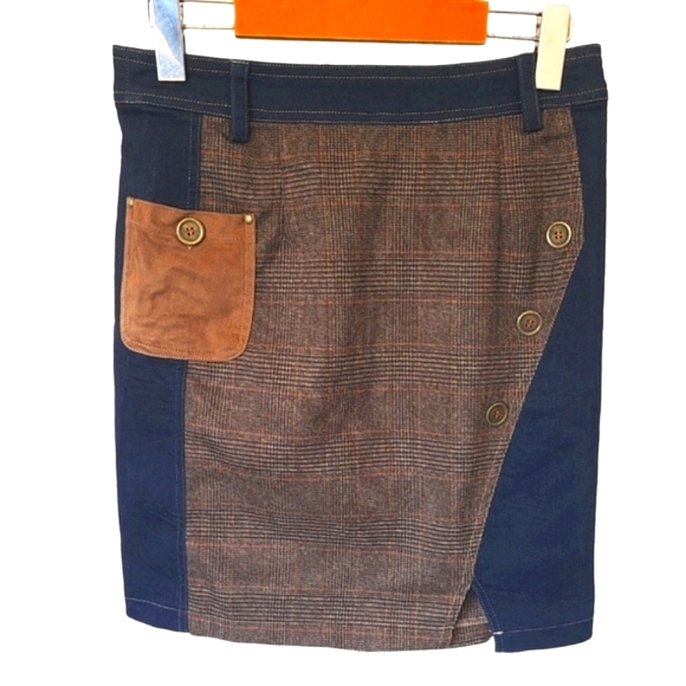 SAN FRANCISCO Denim Plaid & Suede Patchwork Mini skirt Size 28